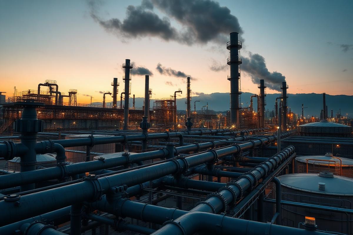 Chemical plant piping and storage tanks at dusk