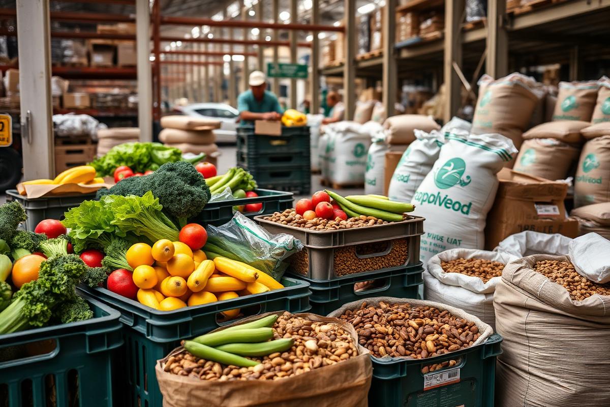 Produce crates and sacks of cocoa and nuts in a warehouse