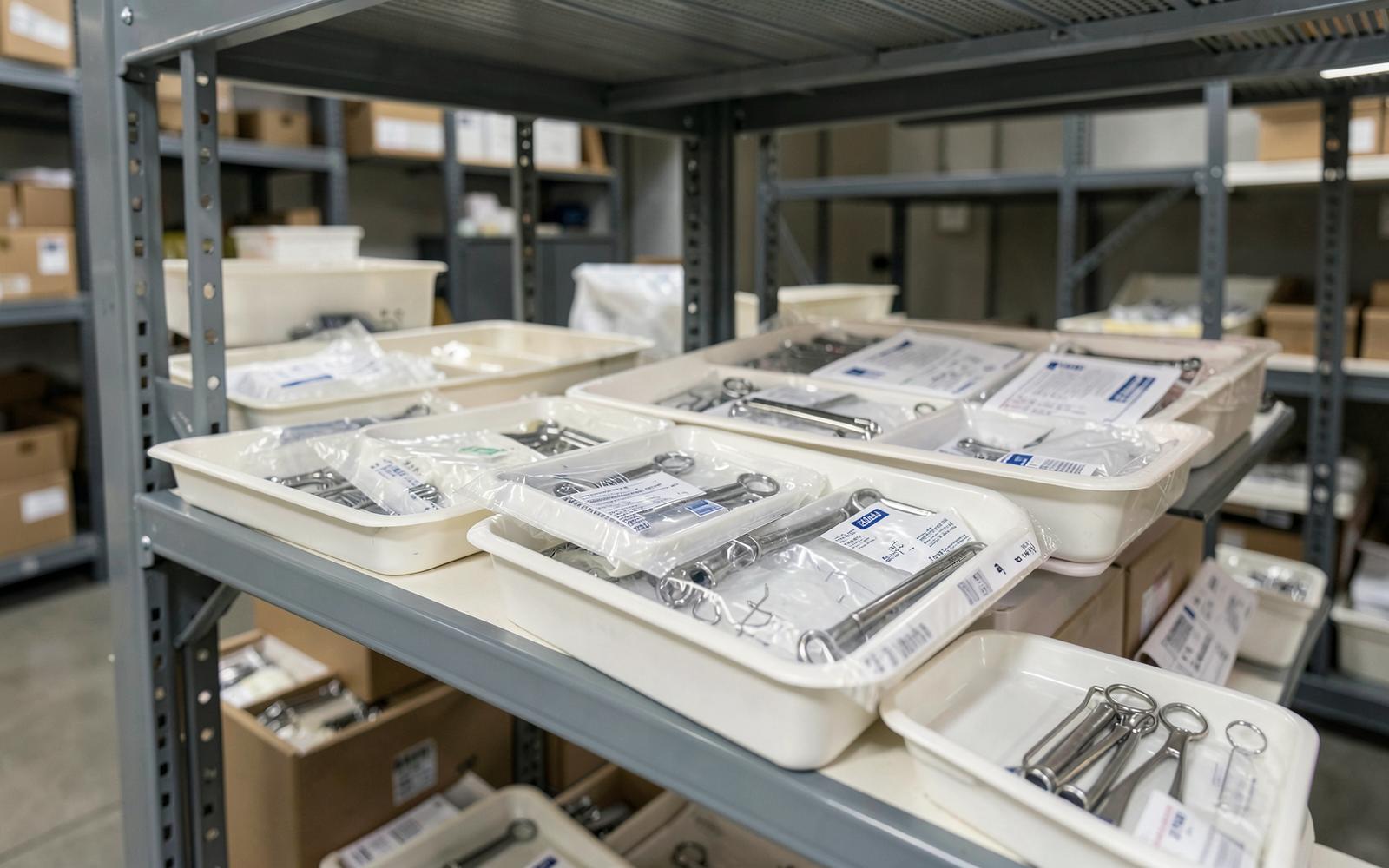 Sterile packaged surgical instruments and medical consumables in a distribution warehouse