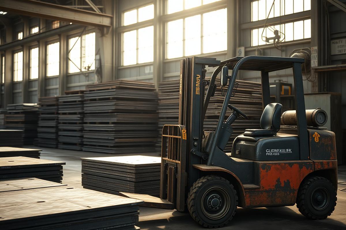 Steel plate stock and forklift inside a plant
