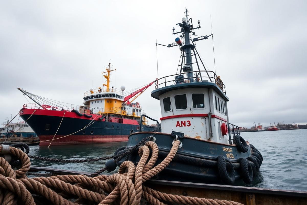 Support vessel and tug in a working harbour