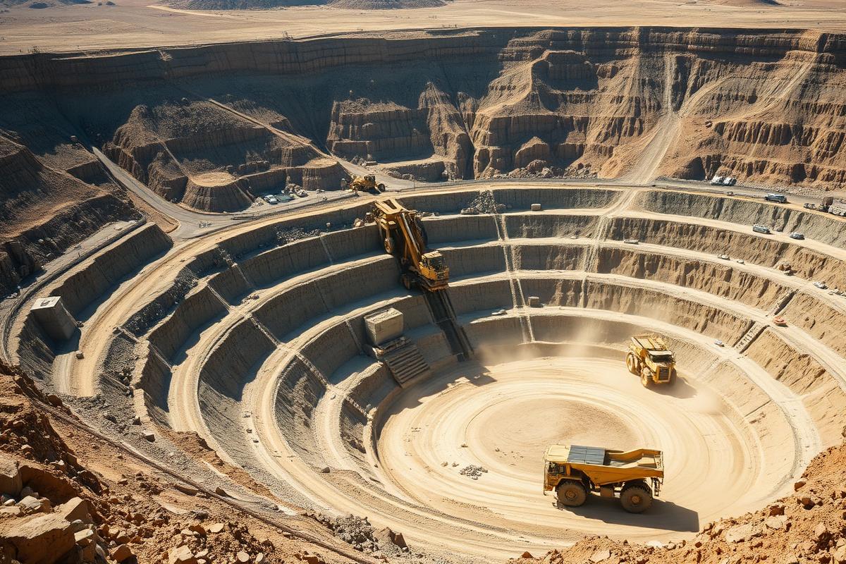Open pit mine with haul trucks