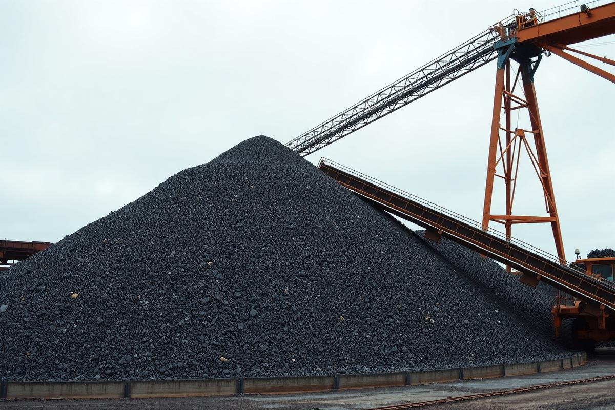Mineral stockpile and conveyor at a port terminal