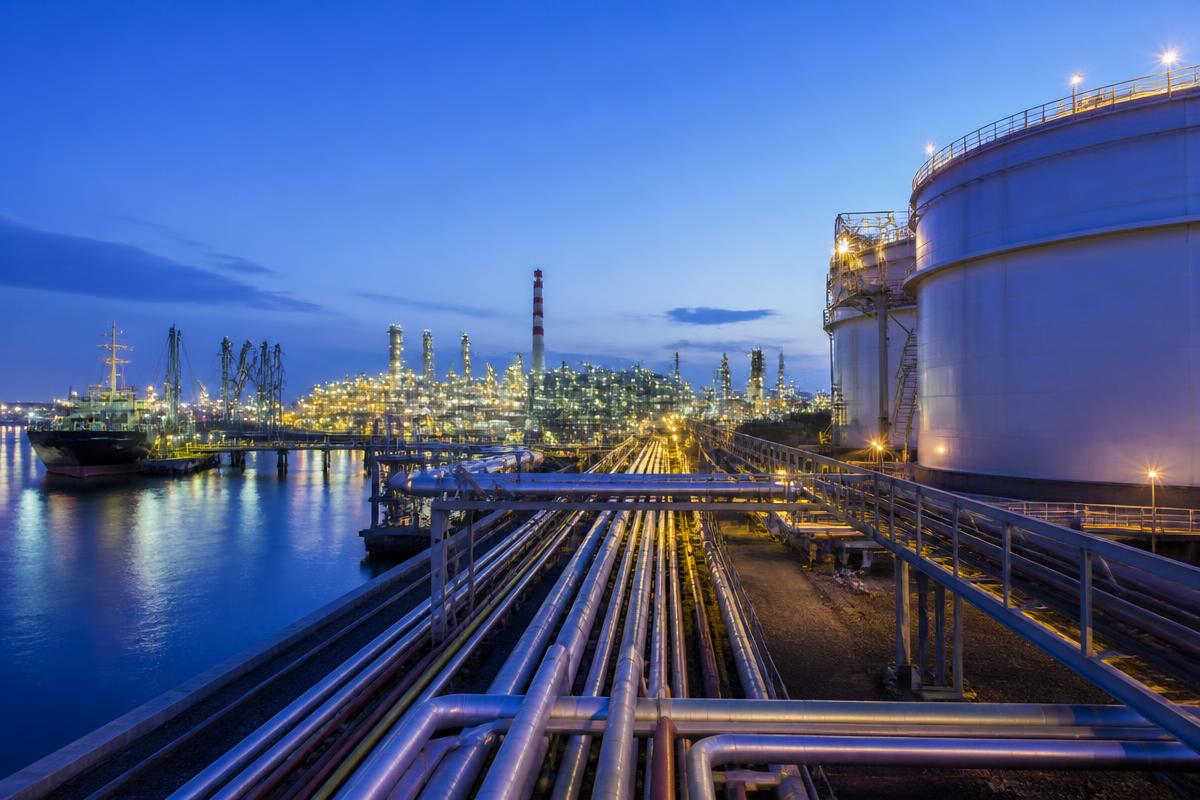 LNG carrier at a terminal with storage tanks